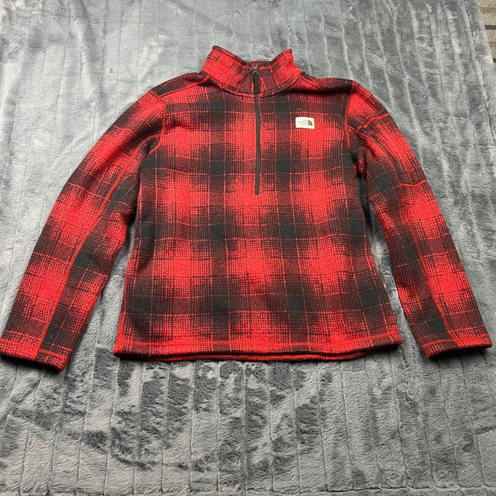 The North Face Mens Red Black Plaid Fleece 1/4 Zip Pullover Sweater Large 12245